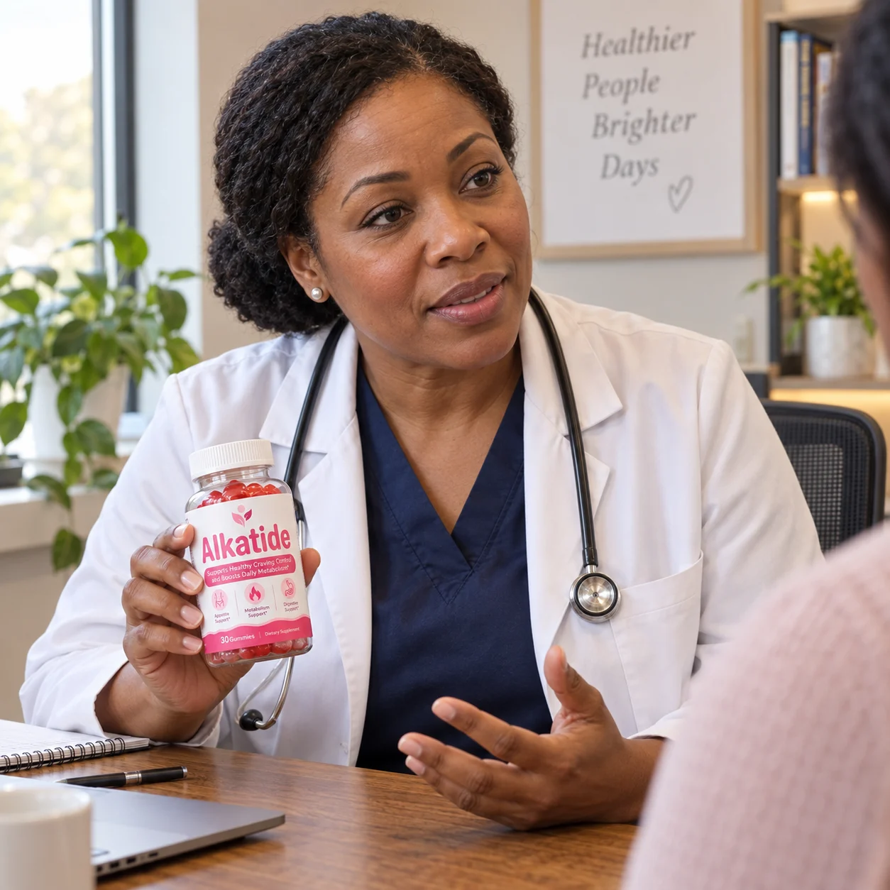 Dr. Angela Freeman, Clinical Nutritionist, reviewing the Alkatide supplement label and dosage